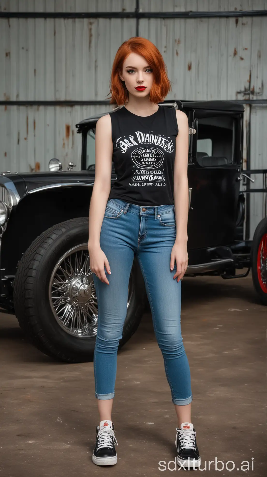 Pretty redheaded girl with a bob haircut and red lipstick, she is thin with white skin, modeling with a black sleeveless t-shirt with jack Daniels print, wearing tight blue jeans and black sneakers, there is a garage and luxury car landscape behind