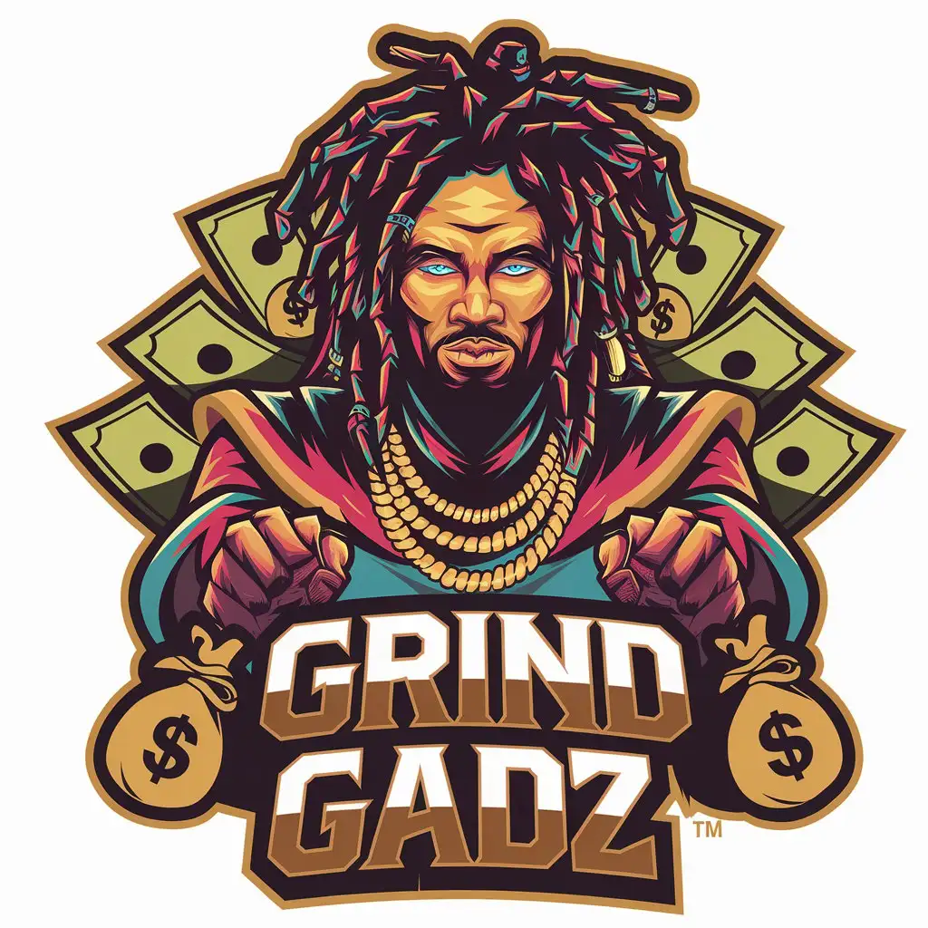 LOGO Design for Grind Gadz Modern Animated Greek God Character with Wealth Symbols