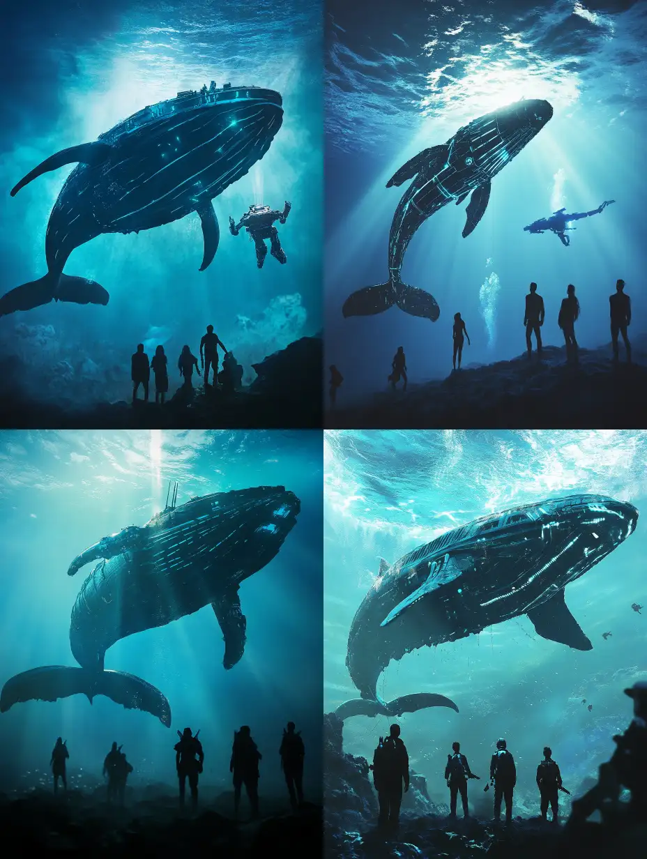Silhouette-of-People-Underwater-with-Robot-Whale-Swimming-Past