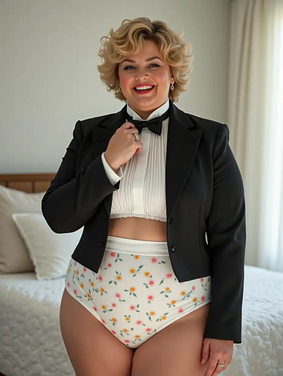 MiddleAged-Caucasian-Woman-in-Formal-Orchestra-Tuxedo-with-Bow-Tie-in-White-Bedroom