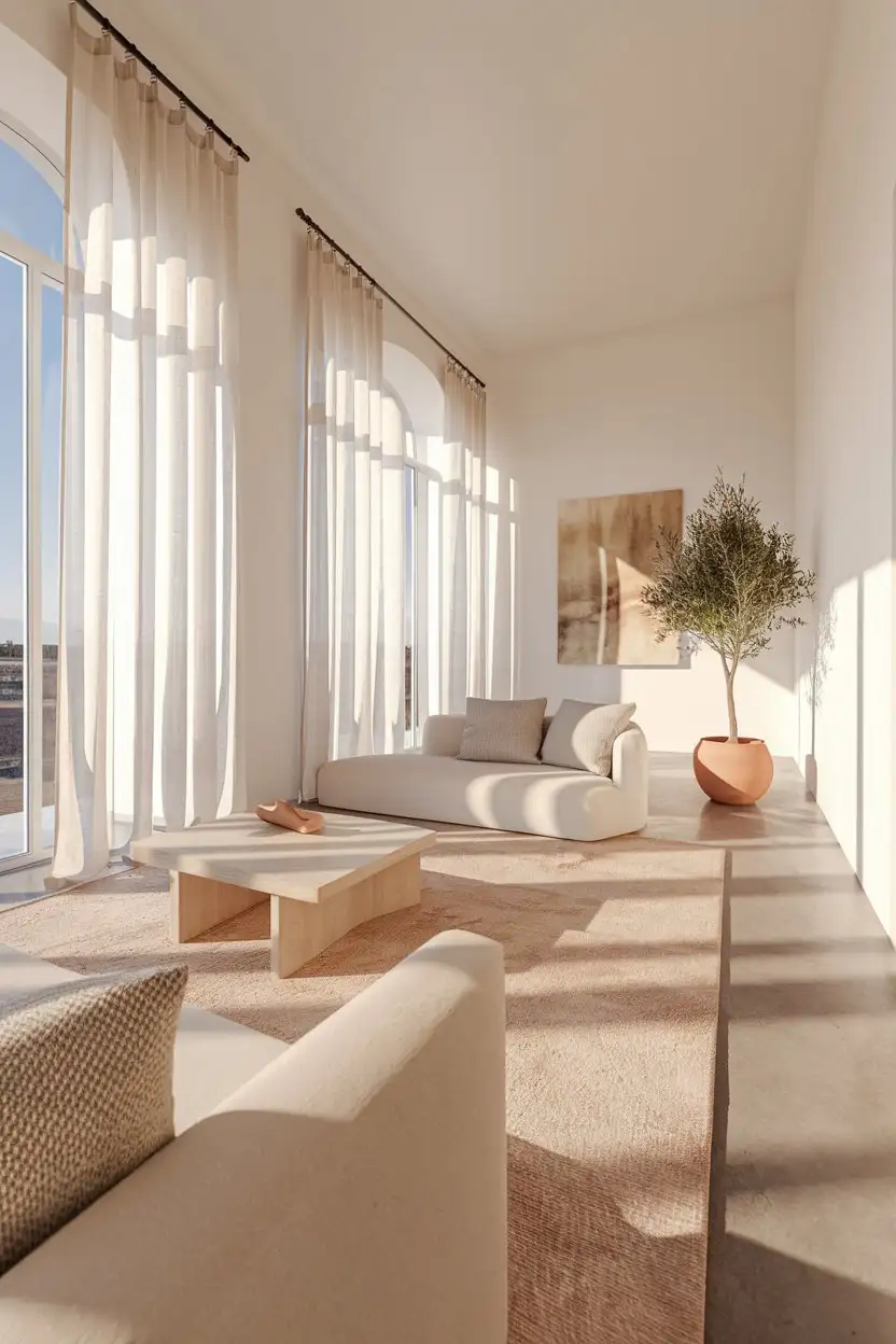 Wide-angle shot of a bright and airy modern Spanish living room. White walls, large windows with sheer linen curtains gently diffusing sunlight. Minimalist furniture including a low-slung beige sofa with textured cushions, a simple light wood coffee table, and a single potted olive tree in a terracotta pot. Polished concrete flooring with a neutral-toned, subtly patterned rug. A piece of abstract art with muted earth tones hangs on the wall. Natural light flooding the space. Photorealistic, high detail, 8k