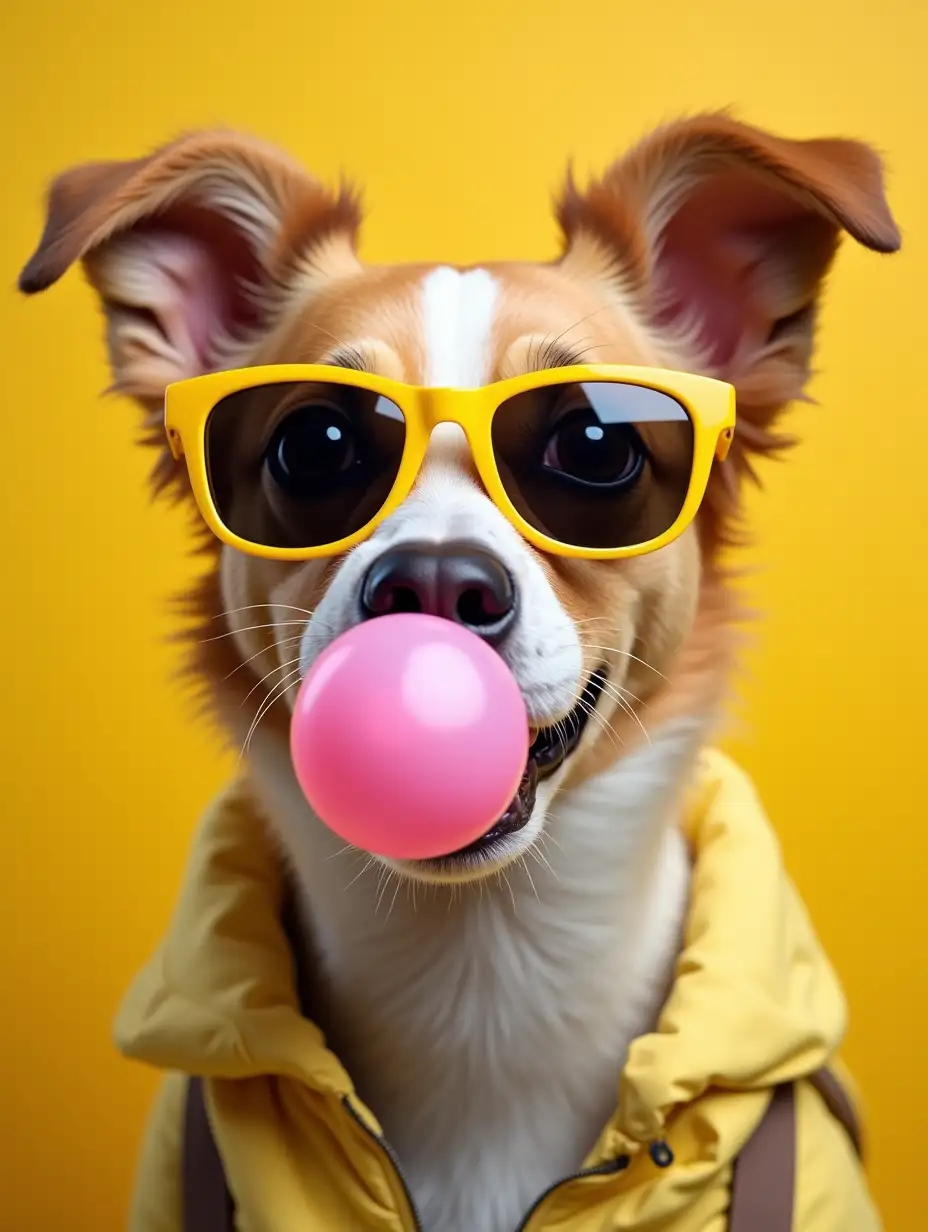 dog facing forward wearing a cool outfit, with yellow sunglasses and blowing a pink bubble gum