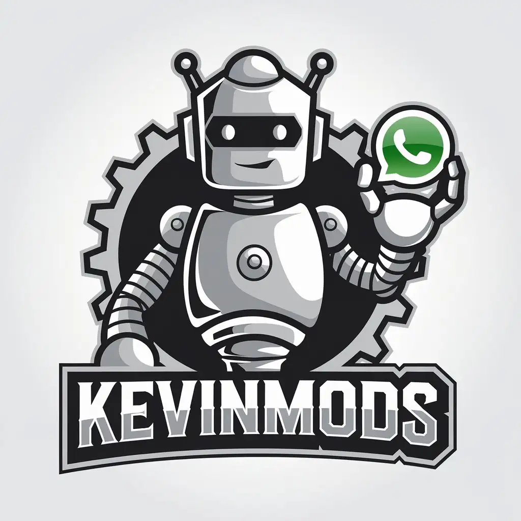 a vector logo design,with the text "KEVINMODS", main symbol:Make it a robot with a whatsapp in its hand and below that says "KEVINMODS",Moderate,clear background