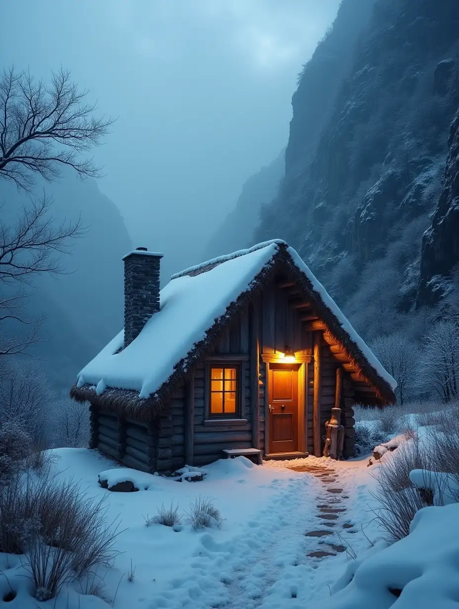 A small cabin located in a canyon pass, A thatched roof covered with snow, The door is open, and there is a warm atmosphere inside with lights, A misty, cold atmosphere with smoke rising from the chimney