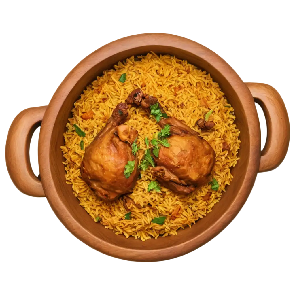 Birds-Eye-View-Biryani-with-Chicken-Leg-Piece-in-Wooden-Bowl-PNG-Image