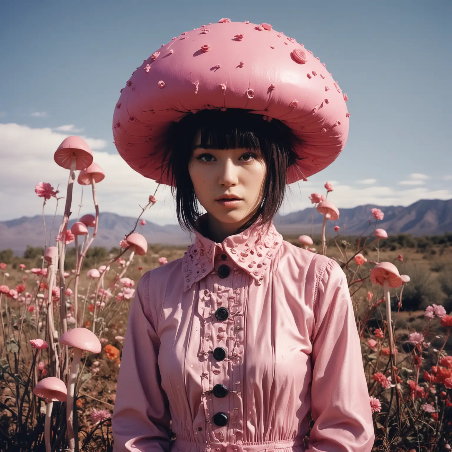 Surrealist Automatons in Mori Kei Style with Pink Mushroom and Flowers Installations