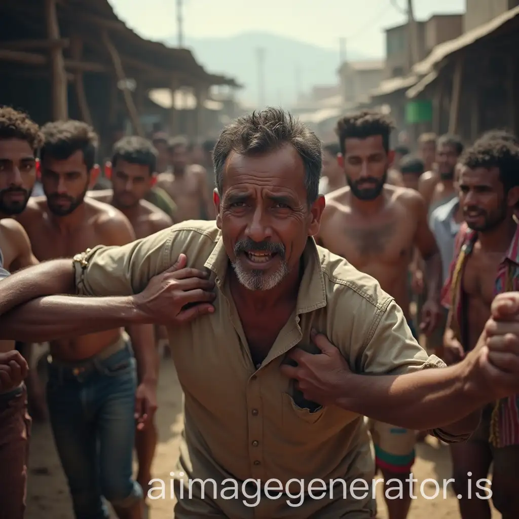 a man in a village market being forcibly grabbed by the arms by other people