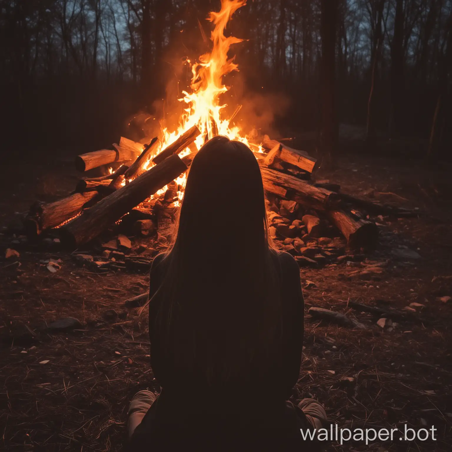 Contemplative-Woman-Staring-into-a-Crackling-Campfire