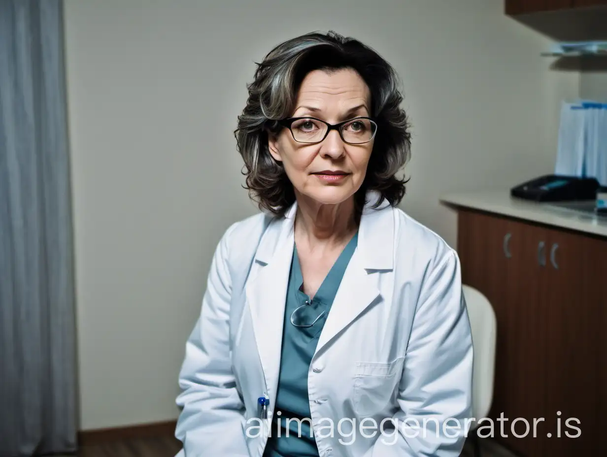 Mature-Woman-Doctor-in-White-Coat-Sitting-in-Medical-Office