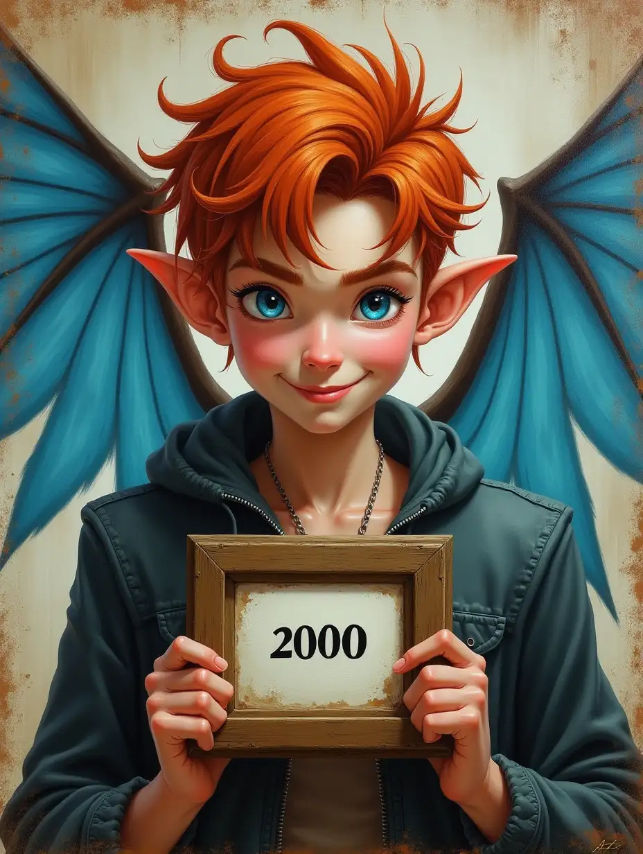 Painting, acrylic. Handsome, young elf man, charismatic, red-haired, with a charming smile and a cunning look, with blue transparent wings, tousled hair, blue eyes, holding a picture in a frame with the inscription - '2000', grunge-style background