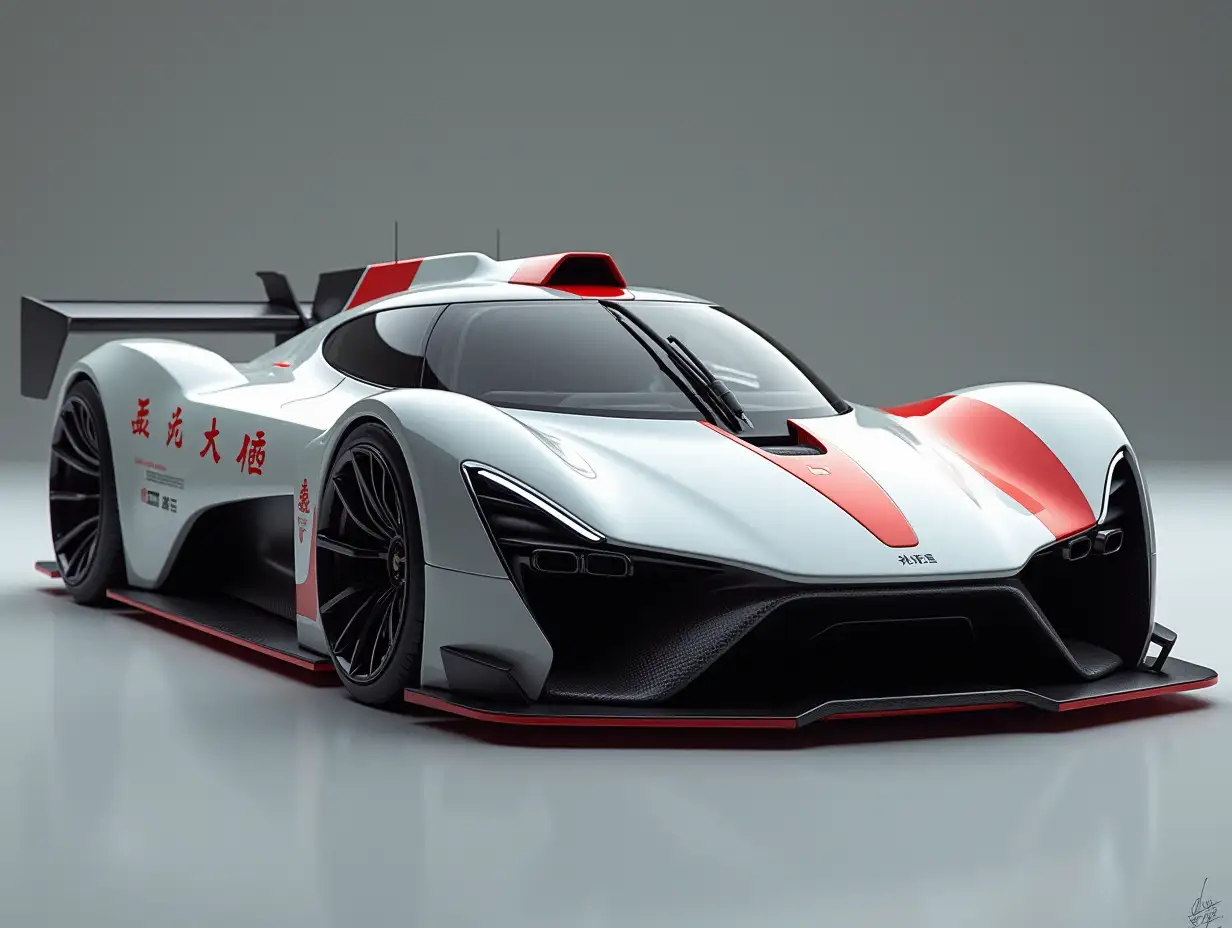 Modern futuristic supercar with black wheels, white body with red racing stripe on the right side, Chinese characters in red on the side, Monarch, sports car, race car, Cyberpunk