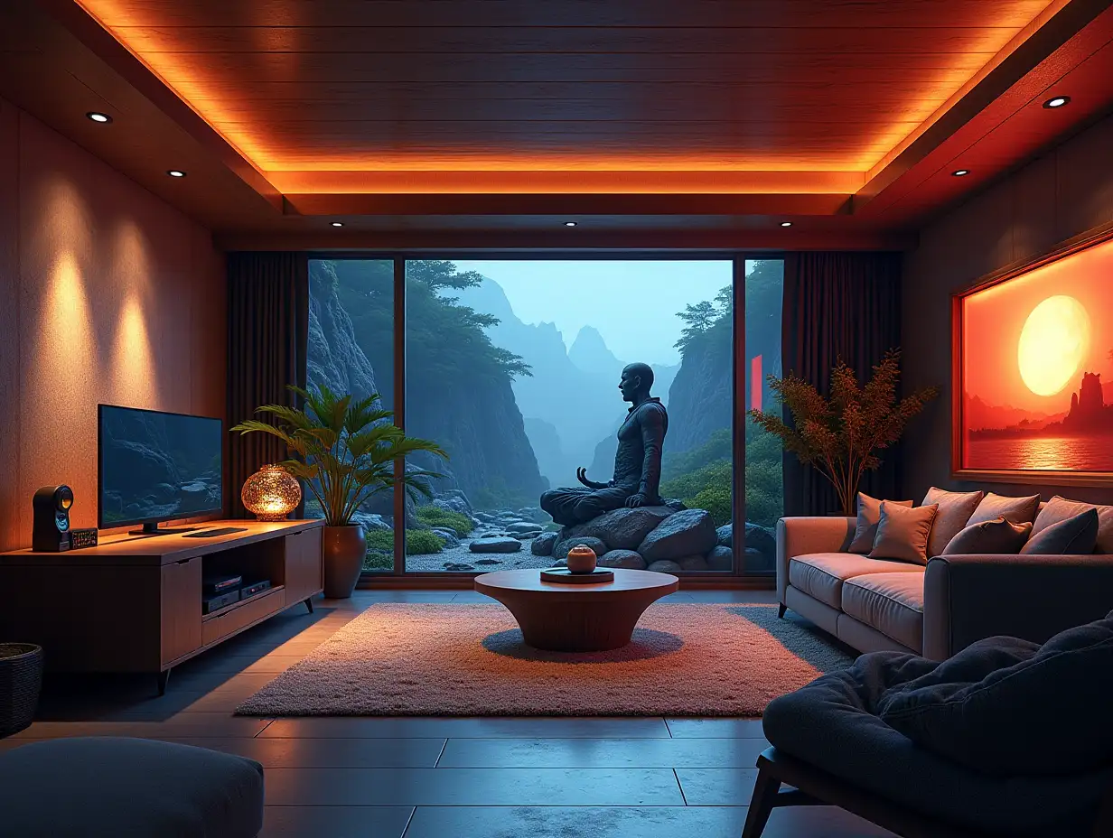 large Gaming room with three monitors, lighting with furniture with large Attack on Titan statue at the Zen-Garden with carefully tended rocks, a meditative 180 Degree shots 8K resolution Vibrant