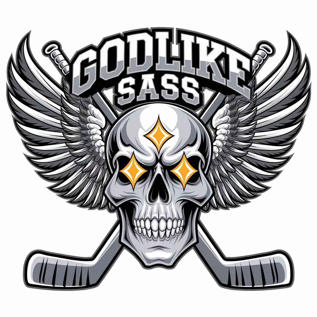 LOGO Design for Godlike Sass Angel Wings Silver Skull with Yellow Diamond Eyes Hockey Stick Theme