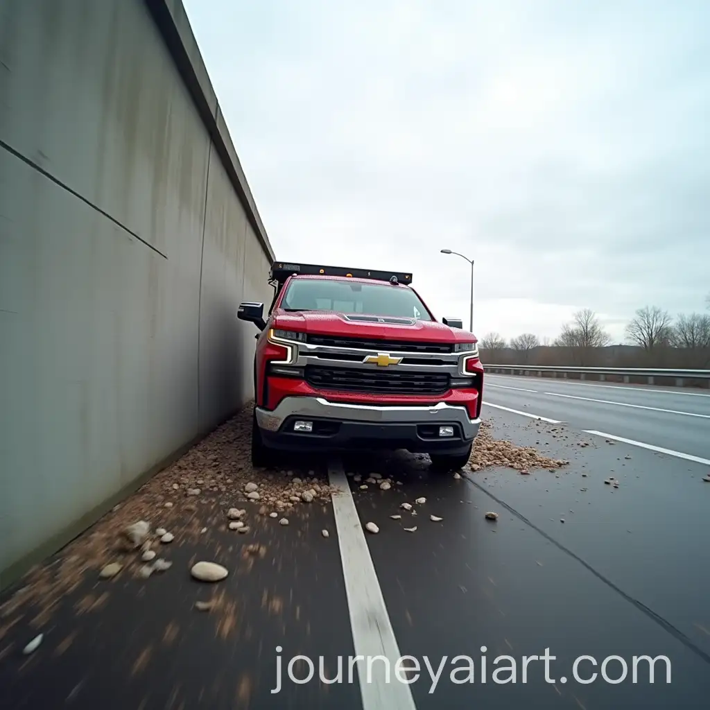 HighSpeed-Red-Chevrolet-Truck-Crash-on-Highway-with-Debris-Scattered
