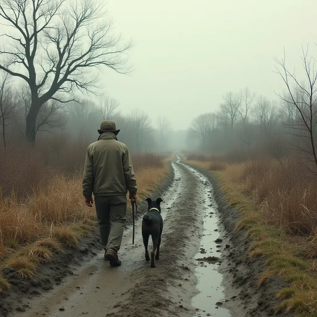 Old-Man-and-Hunting-Dog-in-Desolate-Wilderness-with-Muddy-Paths