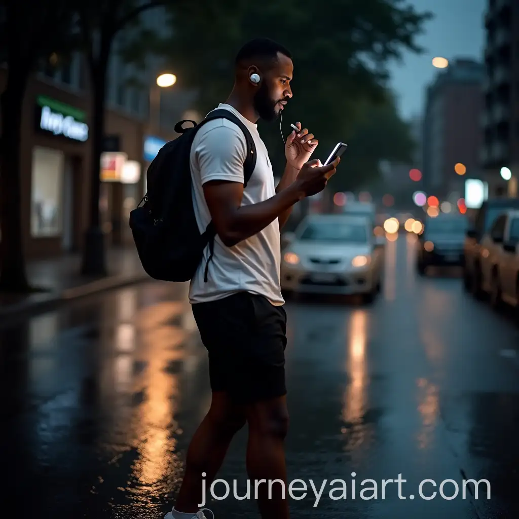 Urban-Night-Scene-Man-with-iPhone-and-AirPods-Walking-in-Rain