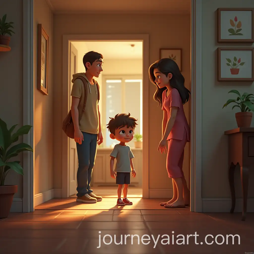 Boy-Entering-the-House-Talking-with-His-Parents-in-a-PixarStyle-3D-Scene