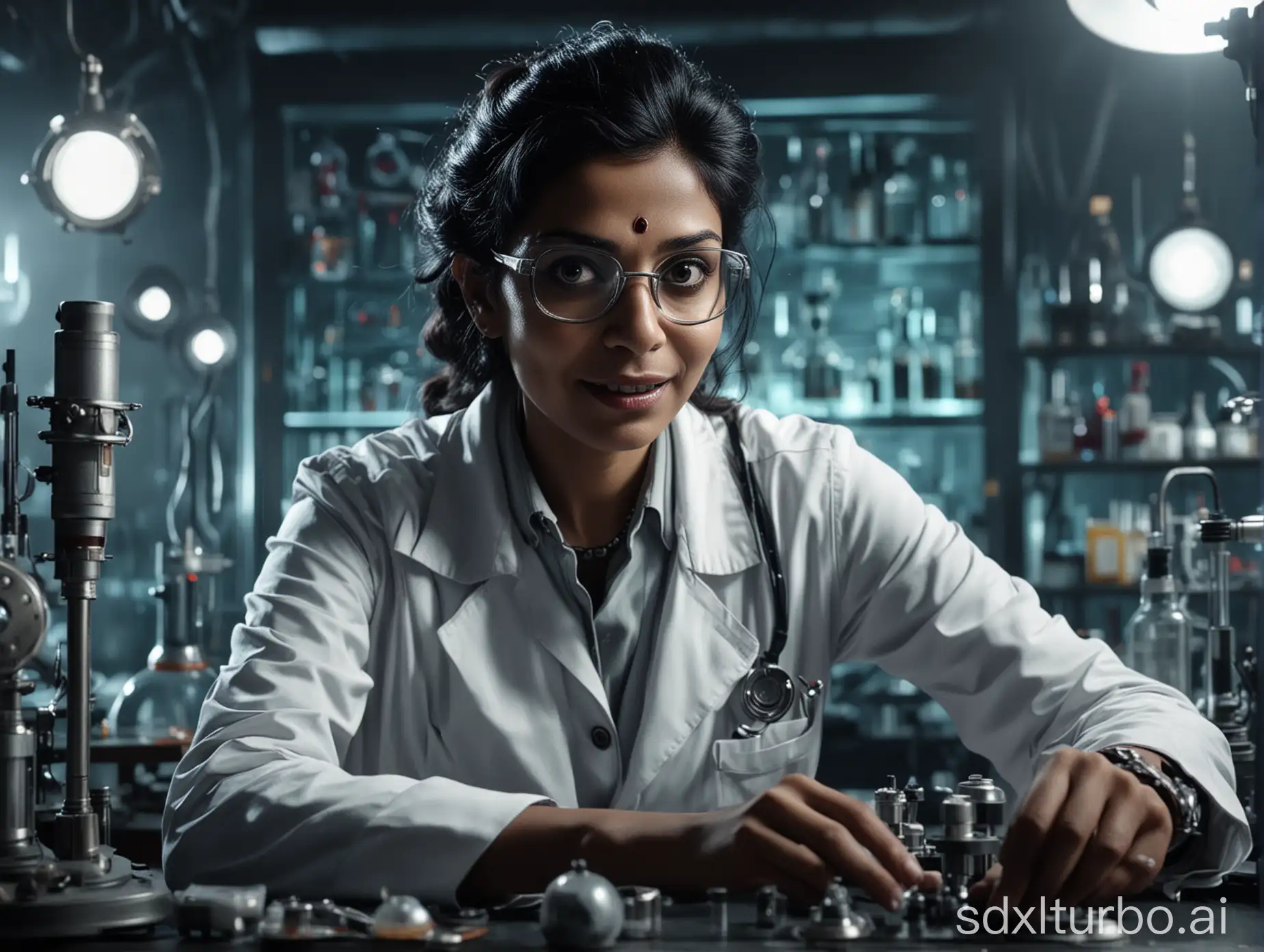 8k cinematic image of dr. Lakshmi digala as a mad scientist in a science fiction movie. She has an evil smile and the background is her lab with science equipments.