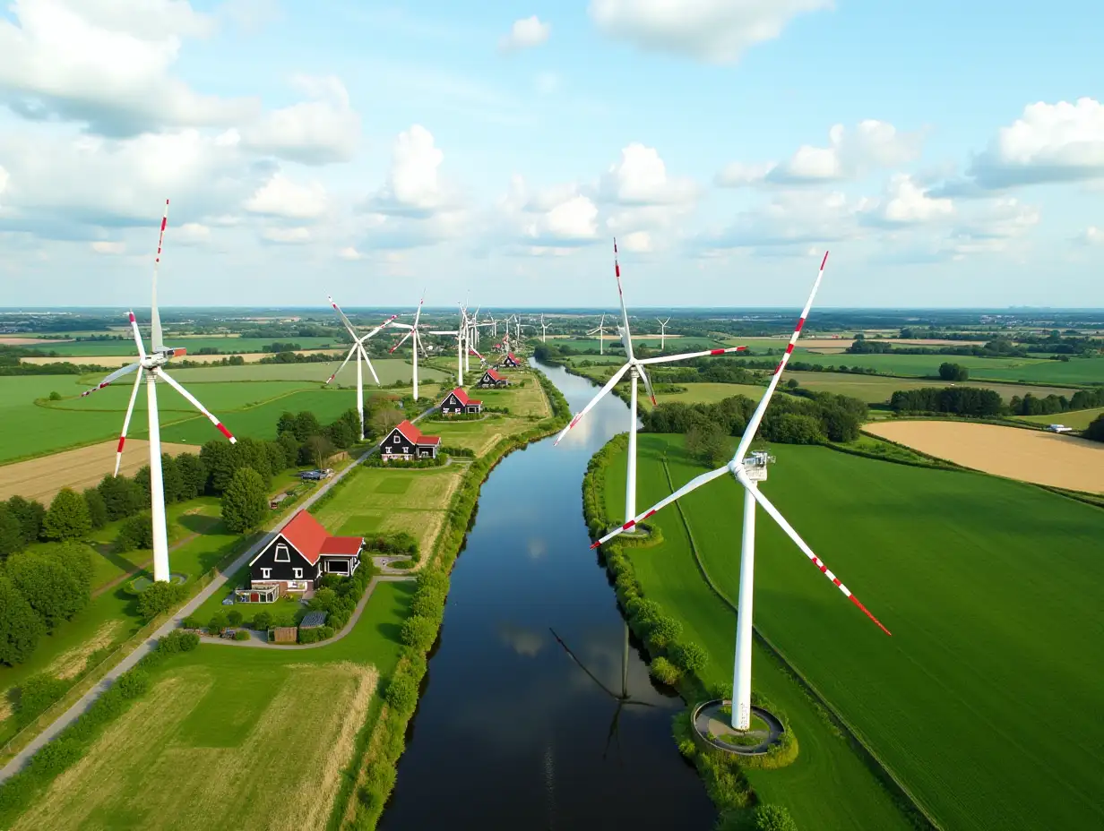 A drone view of windmills in Holland. Windmills on the banks of canals. Agricultural fields and pastures. Aerial view. Summer landscape in the Netherlands.