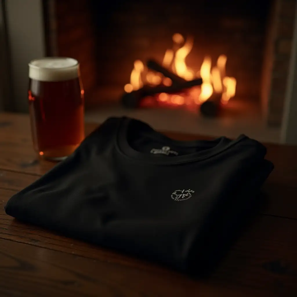 Folded-Black-TShirt-Near-Fireplace-with-Beer