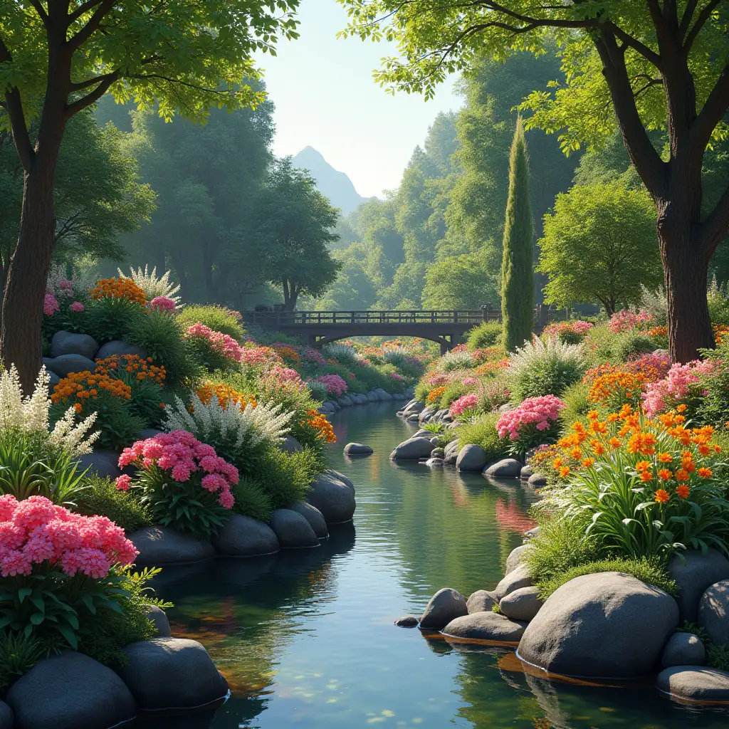 A serene garden oasis, with vibrant flowers blooming in every corner and a gentle stream flowing through the center