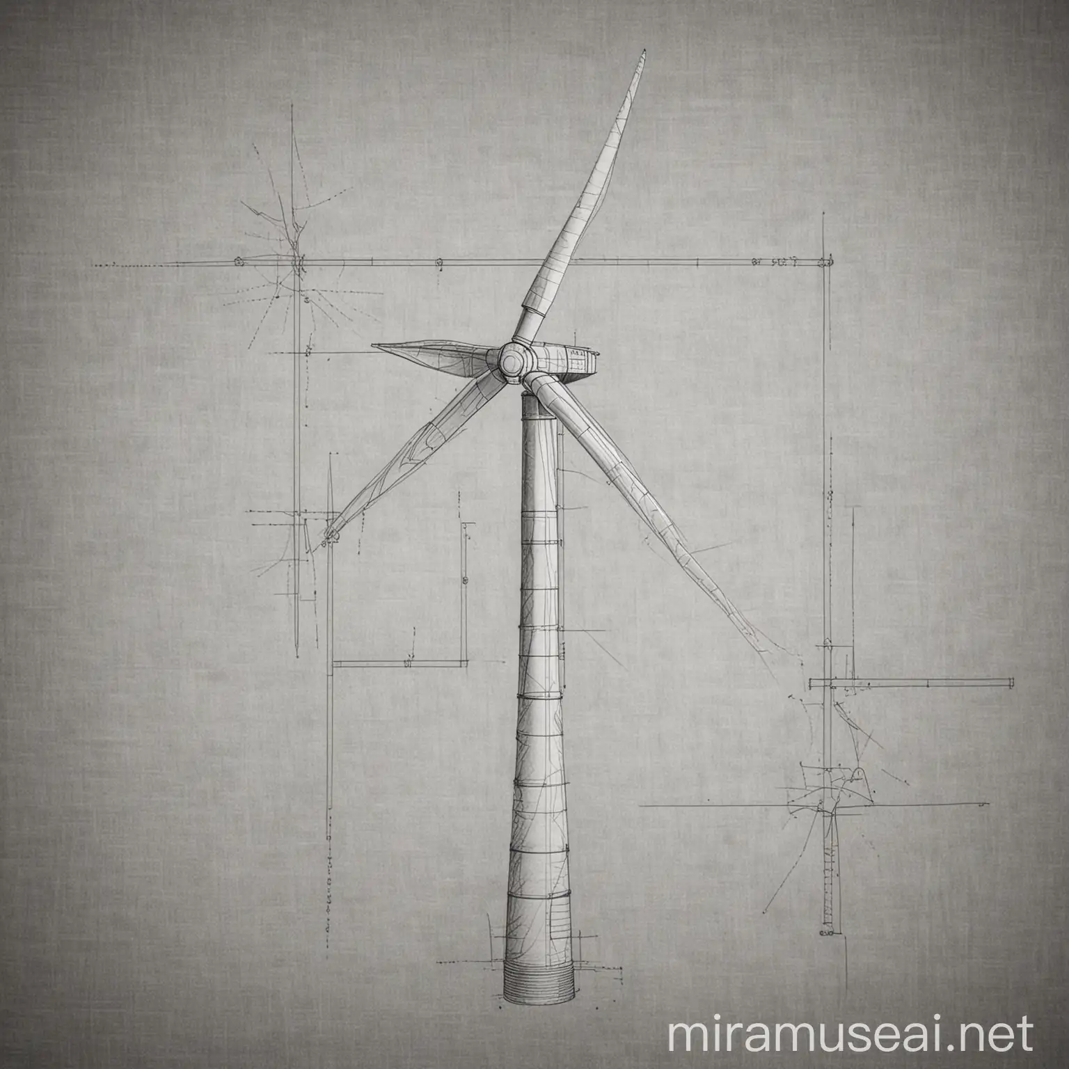 Detailed Wind Turbine Model Blueprint Sketch in Pencil Drawing