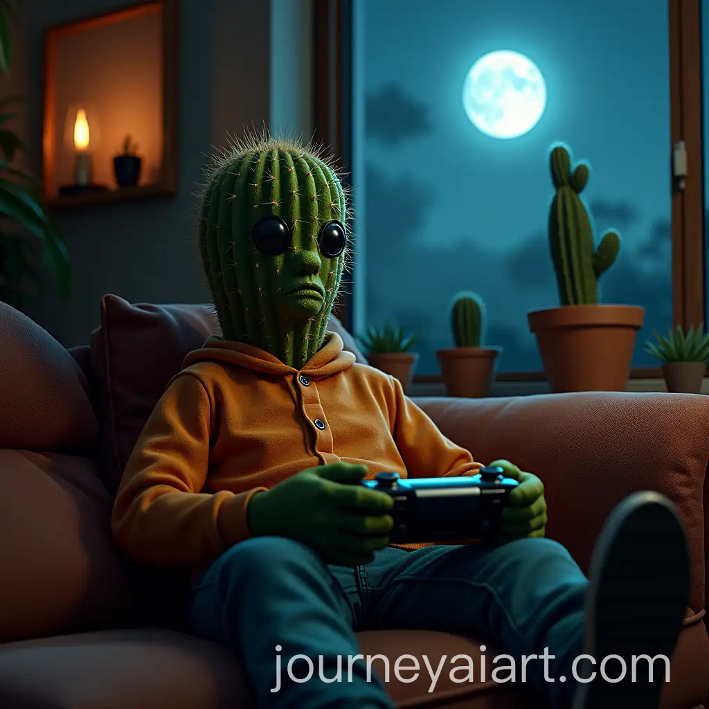 Humanoid-Cactus-in-Halloween-Decor-Playing-Video-Games