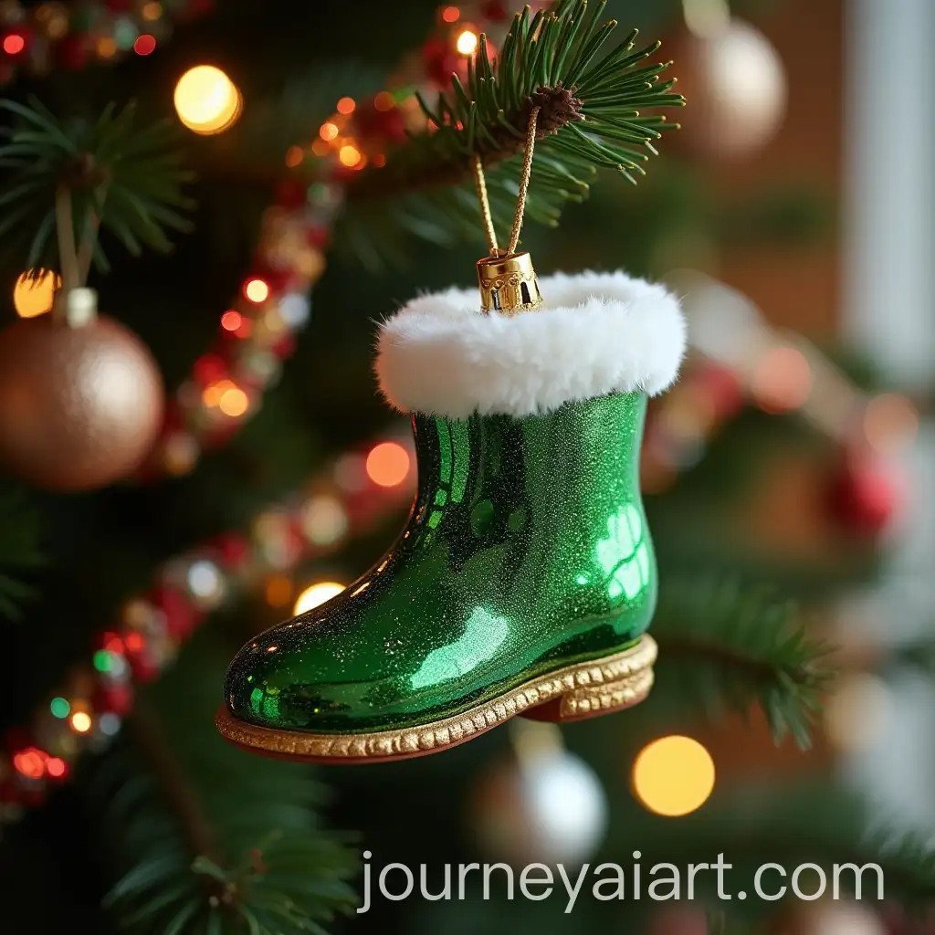 Glass-Boot-Decoration-on-Christmas-Tree-with-Soft-Green-Colors-and-Multicolored-Garlands