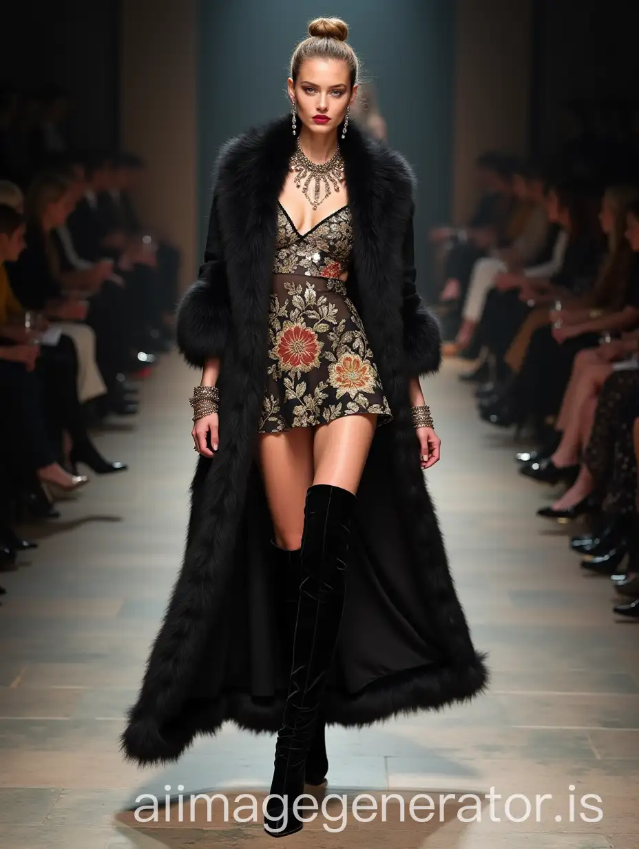 Russian-Model-on-Catwalk-Wearing-Floral-Bodice-and-Lama-Coat-with-Blackcurrant-ThighHigh-Boots