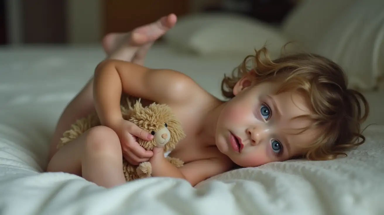 Little-Girl-with-Stuffed-Animal-Showing-Worried-Expression-on-Bed