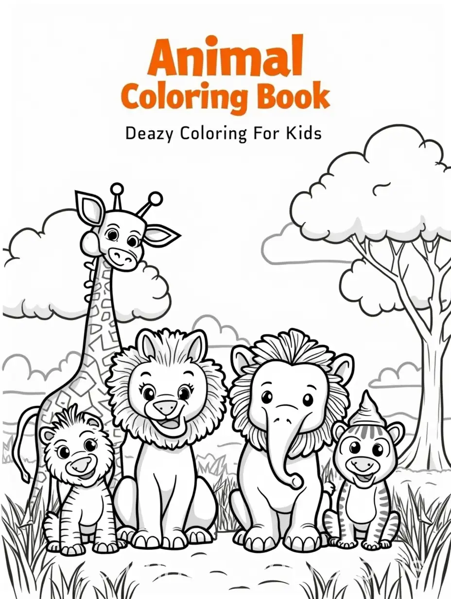 A cute and colorful animal coloring book cover for kids, featuring a variety of outlined animals with thick, clean black lines ready to be colored. Include animals like a lion, elephant, giraffe, monkey, zebra, tiger, and a parrot, all smiling and playfully posing in a jungle or savanna setting. The animals should be in cartoon style with big eyes and friendly expressions. The background can be light with clouds, trees, and grass, but mostly uncolored to highlight the coloring theme. Add a bright, bold title at the top: 'Animal Coloring Book'. Make the design cheerful, inviting, and perfect for young children. High-resolution, cartoon style, coloring book layout, white background with minimal color to leave room for imagination.