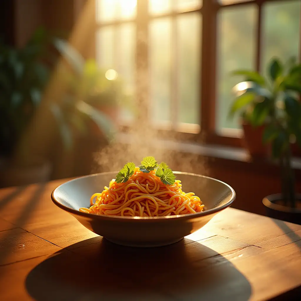 A vivid image showcasing a delicious Southeast Asian stir-fried noodles dish floating below, with the tabletop being a high-quality 8K 3D scene, illuminated by natural light to create a warm, ethereal space full of life.