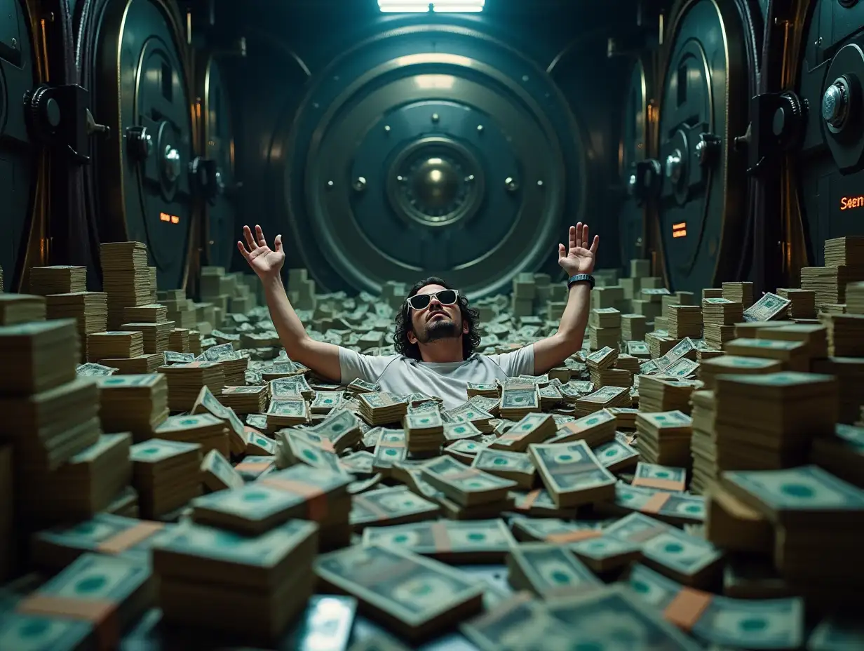 In an opulent and dimly lit bank vault, designed with austere steel walls and reinforced doors, piles of money dominate the scene, draping the metallic floor with an extravagant wealth that almost seems unreal. The central focus of this captivating image is a figure of a crypto trader, submerged within this vast sea of currency. This trader, characterized with an air of modern digital success, floats effortlessly amidst towering stacks of cash, which range from neatly arranged bundles of banknotes to chaotic heaps of loose bills spilling over lavishly.nThe vault is vast, extending into shadowy corners filled with further riches, and exudes an atmosphere where the aura of financial power mingles with an undercurrent of digital innovation. Illuminated by the soft glow of ambient lighting reflecting off the polished surfaces, the individual appears serene and triumphant, capturing the zeitgeist of the digital age where virtual currencies intertwine with traditional wealth.nThe trader is depicted wearing casual yet stylish attire, embodying the intersection of traditional finance and modern tech-savvy nonchalance. Accessories such as a cutting-edge smartwatch and sleek eyewear highlight their crypto-market expertise, while the background resonates with subtle digital elements—a glowing graph or a subtle ticker showcasing cryptocurrency trends—to further emphasize the trader's domain.nAll around, the sense of wealth is palpable, with money cascading like a river around the trader, creating an almost surreal spectacle that represents both the opulence of traditional wealth and the limitless possibilities of the cryptocurrency world.