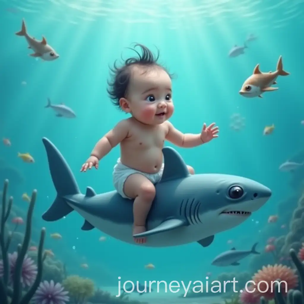 Chubby-Baby-Riding-a-Cute-FishShark-in-the-Ocean-with-Dolphins-and-Stingrays
