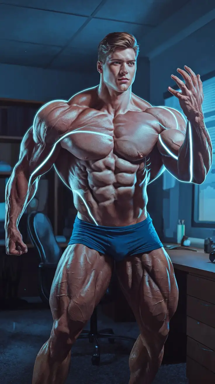 The moment I realized I had been given superpowers. College aged super bodybuilder. Massive Muscles. Awesome powers. Dorm room. Night. Photorealistic.