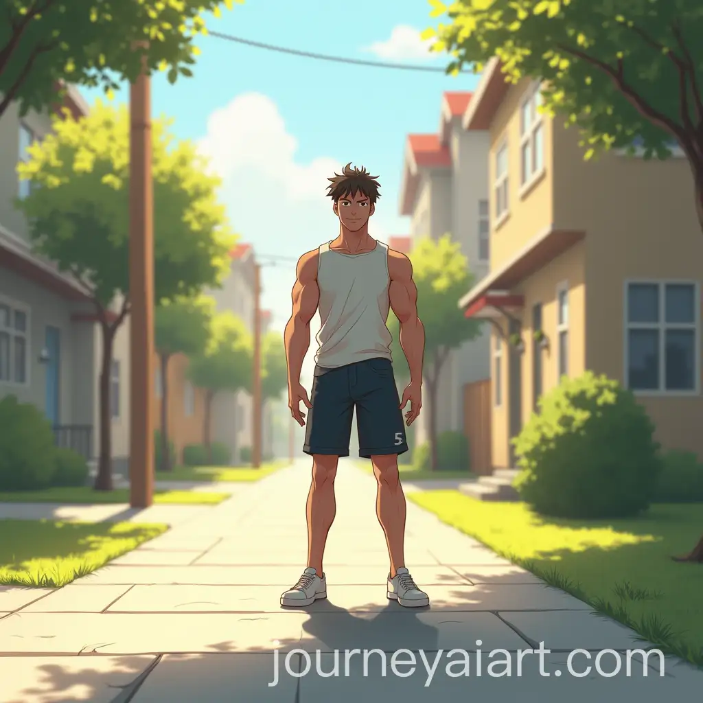 Young-Muscular-Man-Standing-on-Sunny-Sidewalk-inAI-Image-Prompt-Expansion-Suburban-Neighborhood
