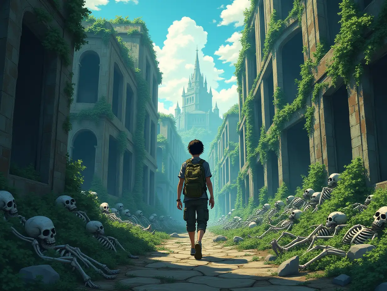 user_prompt: A survivor in a canvas camouflage and backpack makes his way through heavily damaged mysterious ruins of a city overgrown with greenery. Along the side lay skeletons of people. Anime style.