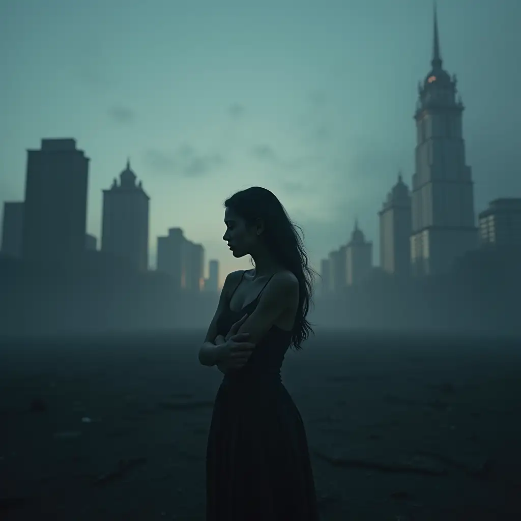 A hauntingly beautiful image that captures the themes of disconnection, isolation, and resilience:  nImage: A solo female figure standing in a desolate, urban landscape at dusk. She should be facing sideways away from the camera, lost in thought, with her arms wrapped around herself, like she's giving herself a hug. nIn the background, a cityscape with broken, fractured lines and distorted architecture to represent the disjointedness and chaos of modern life.  nColor palette: Muted, blues and greys could evoke a sense of melancholy and isolation, while a hint of warm light on the horizon could symbolize hope and resilience.  nThe overall mood of the image should be contemplative, haunting, and thought-provoking.