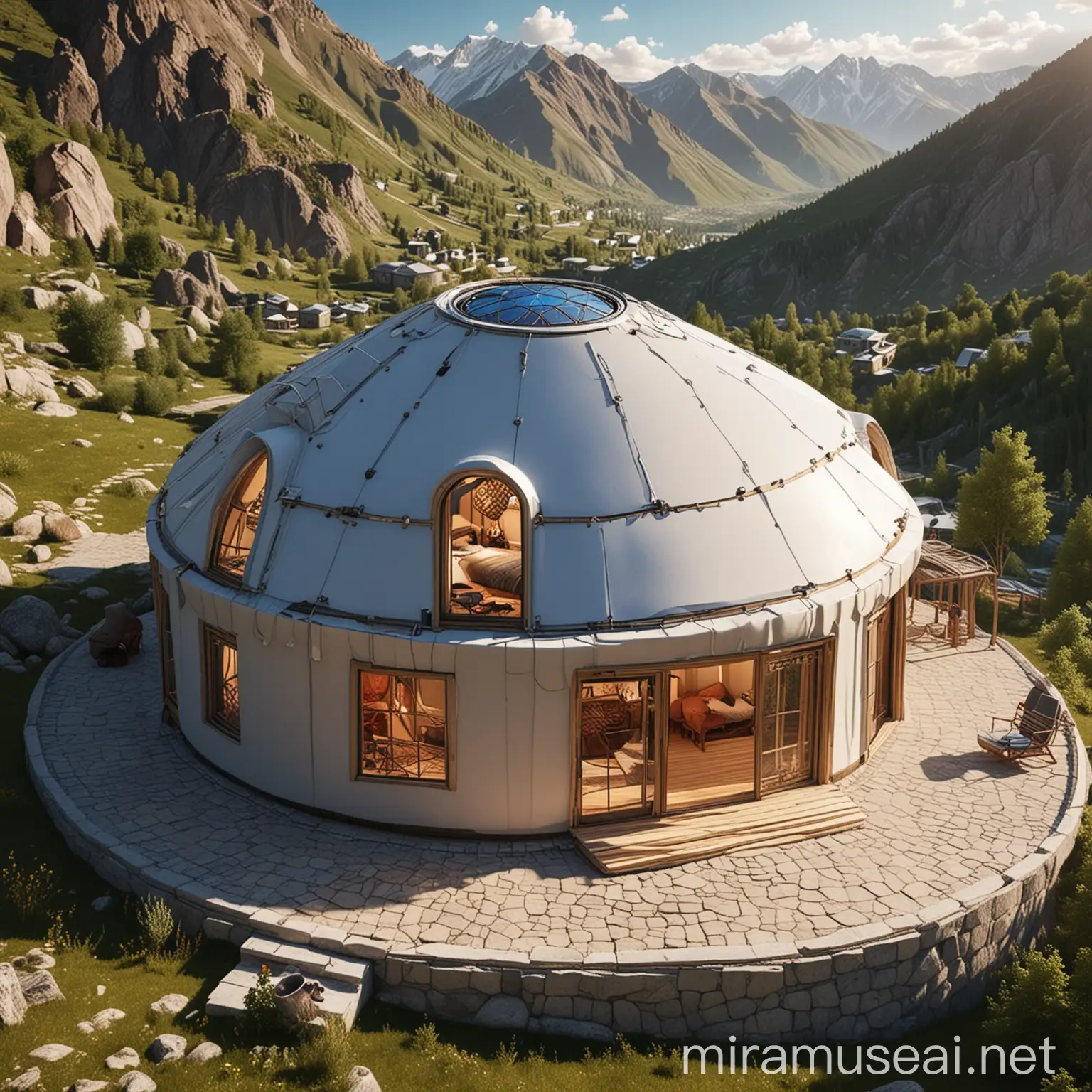 Futuristic Turkic Ornamented Yurt with Panoramic Windows and Smart Roof