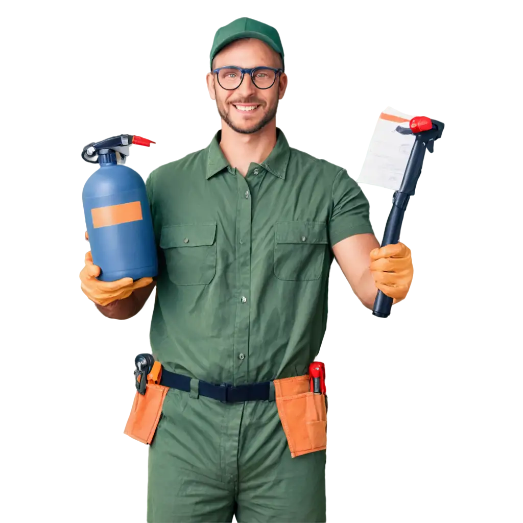 A smiling man holding pest control equipment. The man is dressed in a professional uniform suitable for a pest control technician, including gloves and safety goggles. He is standing in a clean, well-lit environment, with a confident and approachable demeanor. The background shows typical pest control tools and equipment neatly arranged.