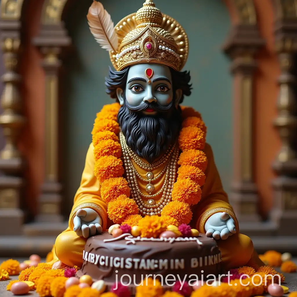 MarigoldCovered-Statue-with-Diamond-Crown-and-Birthday-Cake-Offering