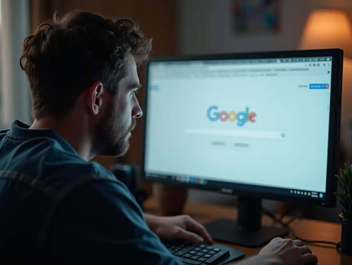 Man searching in his computer screen with google search web, shot looking to the right, daylight