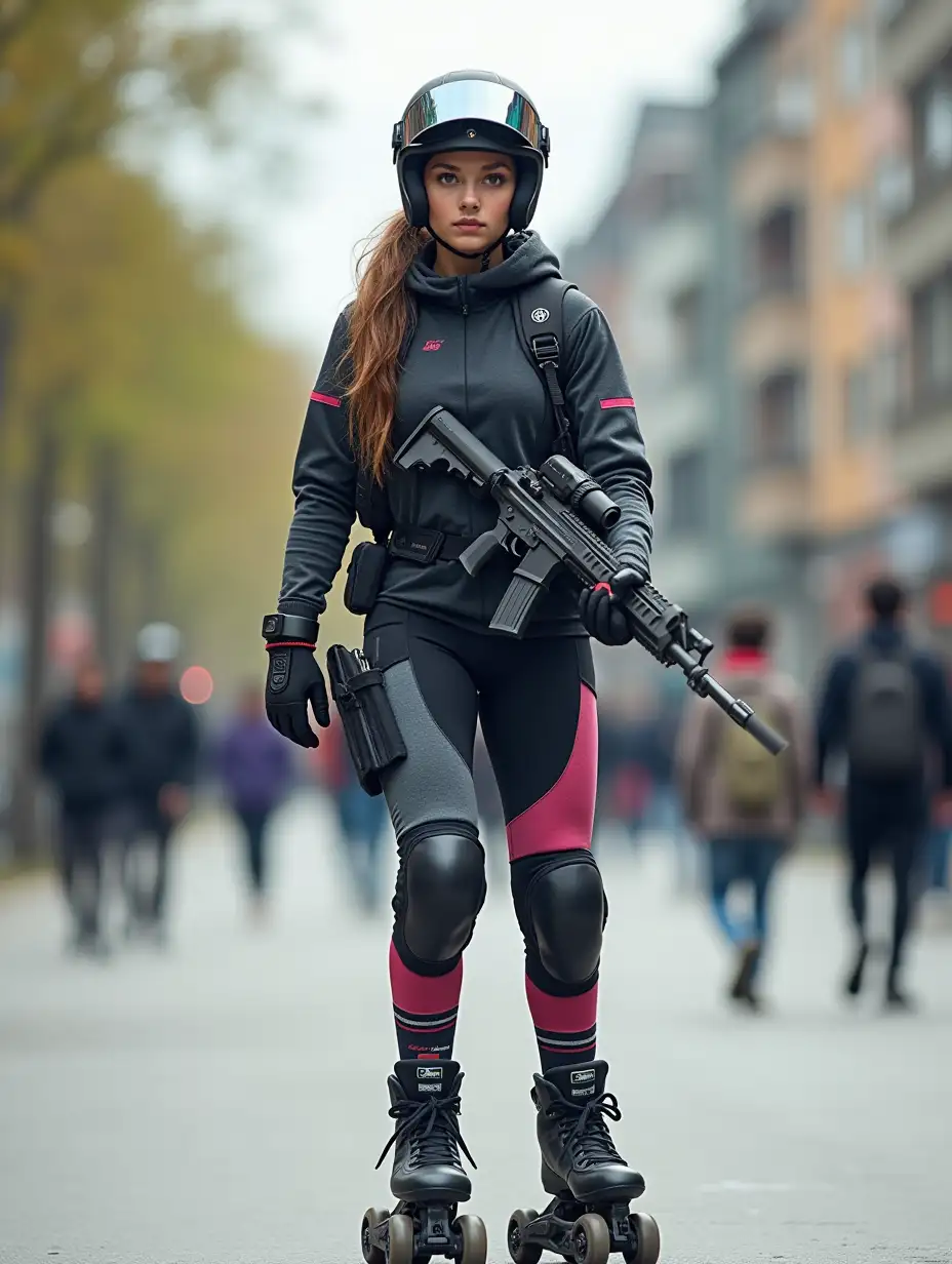 a 17 year old airsoft geared woman at a distance, she is skating on a street, holding a weapon, ordinary people in background, clothes have racing colors, she is wearing lots of functional sportswear, cycling gloves, airsoft helmet with transparent visor over eyes, smartwatch, thick plastic knee pads, modern inline skates with complete organized wheels