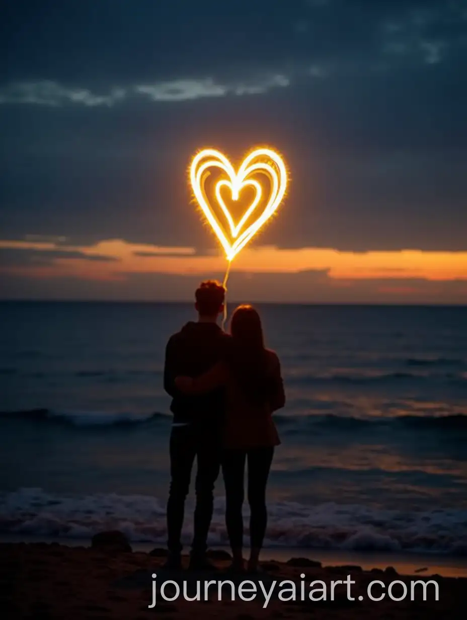 Heartshaped-Yellow-Light-Above-the-Sea-at-Sunset-with-Two-Friends-Hugging