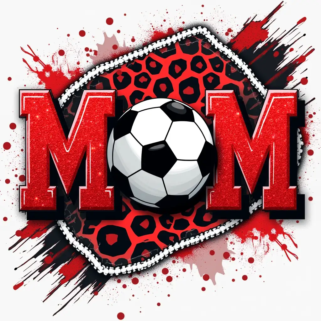 Abstract. A vibrant sports-themed design featuring bold red glittery 'MOM' text with a soccer ball in the center. The background combines leopard print, red glitter, and white distressed textures. Baseball stitching curves along the sides, with hexagonal soccer patterns blending into the edges for a dynamic, sporty look.