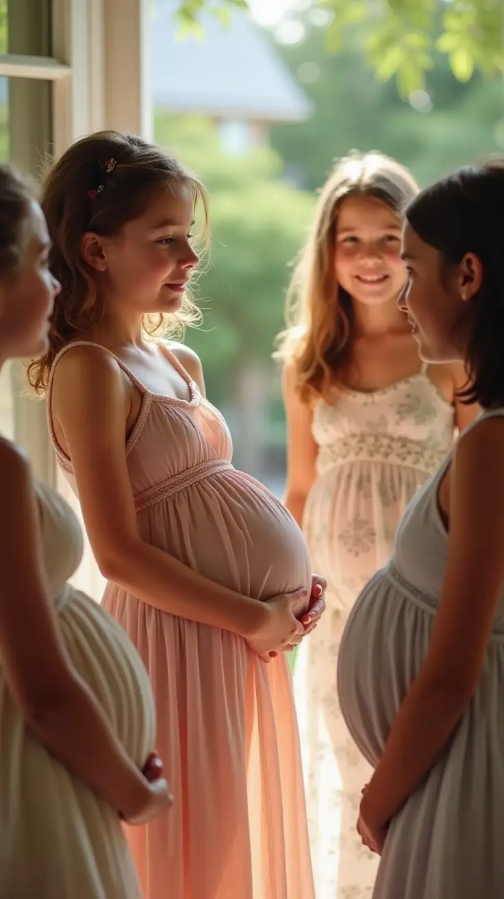 Preteen-Girl-with-Baby-and-Friends-in-Sheer-Sundresses-with-Pregnant-Bellies