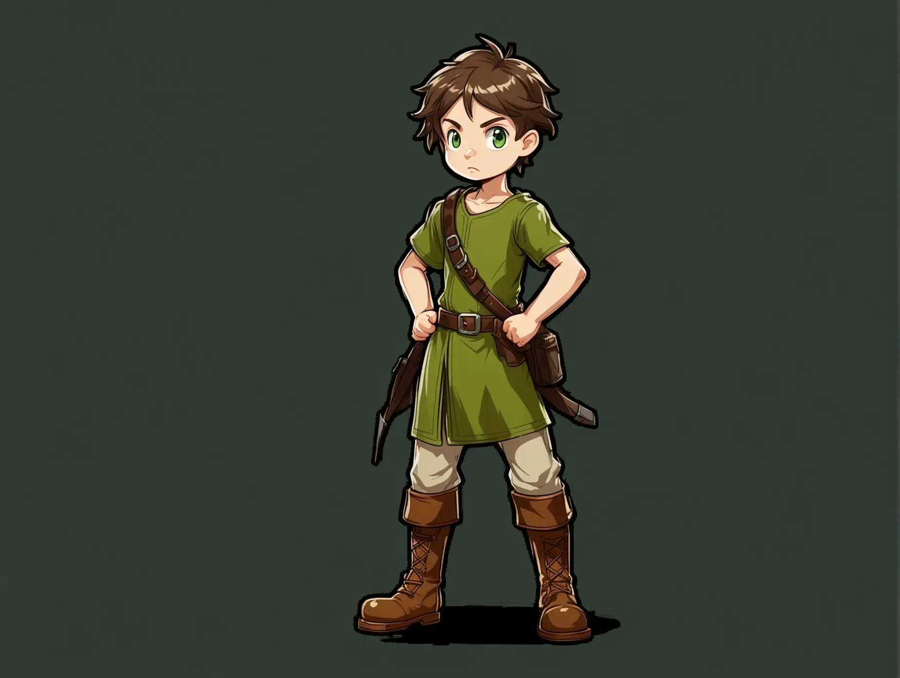 A 2D cartoon character of a young adventurer, wearing a green tunic and brown boots, standing in a heroic pose, highly detailed, clean design, transparent background.