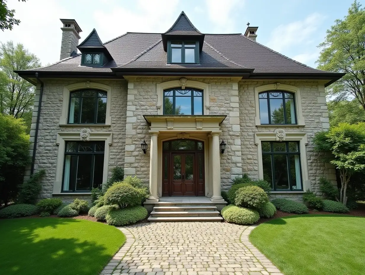 KI Quadratischer Haus In der Praerie sehr großen Gärten,Stein Stuck große Fenster mit  Glas,geschwungene, Rauen Fensterformen, gewundene zwei große Eingangstreppe aus Stein,4K-Auflösung farbenfroh superWeitwinkel Aufnahmen