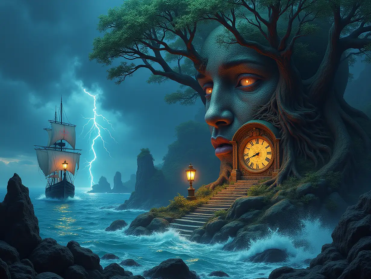 Creating a Digital painting face with rainbow hair transforms into Building with stones and lighting Trees with roots and rocks and lantern at the sea,with large Hand Clock Sailing ship with lanterns and a very large Kraken Very big Waves and Lightning strange creatures