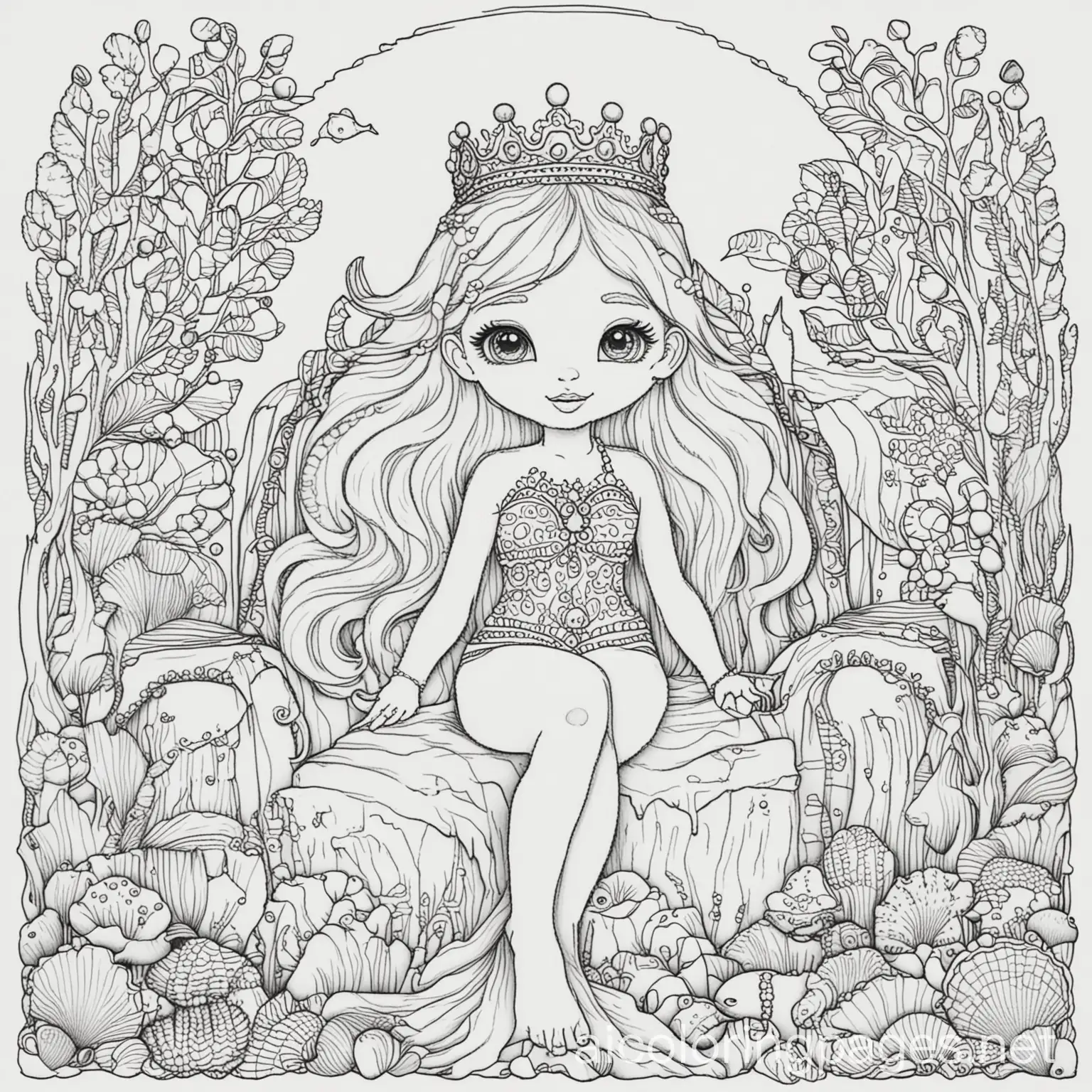 Mermaid-Princess-Sitting-on-Coral-Throne-Coloring-Page